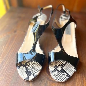 Diane B. T-Strap Ankle Sandal, Black Patent Leather, Snakeskin toe/heel, Size 41